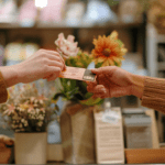 Two people exchanging a loyalty card over a counter in a retail setting