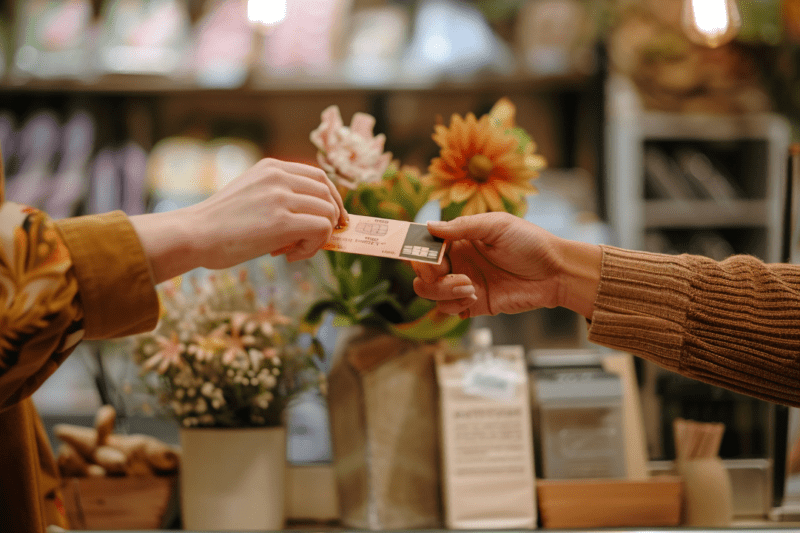 Two people exchanging a loyalty card over a counter in a retail setting